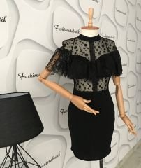 Dantel detay mini elbise - Siyah