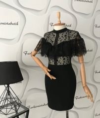 Dantel detay mini elbise - Siyah