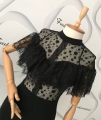 Dantel detay mini elbise - Siyah