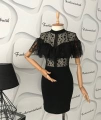 Dantel detay mini elbise - Siyah