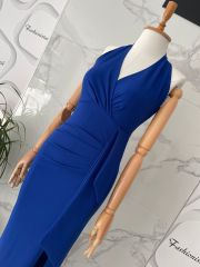 Boyun askılı yırtmaçlı 5 renk elbise - Saks