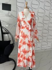Floral piliseli elbise- Turuncu