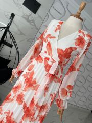 Floral piliseli elbise- Turuncu