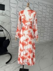 Floral piliseli elbise- Turuncu
