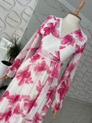 Floral piliseli elbise- Pembe