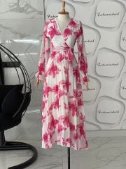 Floral piliseli elbise- Pembe