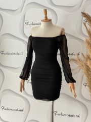 Straplez tül drape elbise - Siyah
