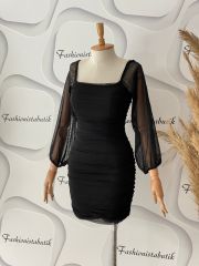 Straplez tül drape elbise - Siyah