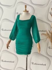 Straplez tül drape elbise - Yeşil