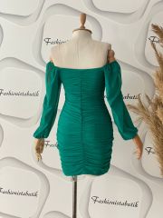 Straplez tül drape elbise - Yeşil