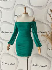 Straplez tül drape elbise - Yeşil