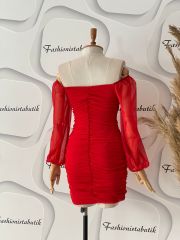 Straplez tül drape elbise - Kırmızı