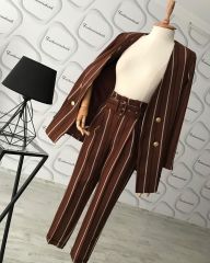 Kahve ceket kemerli pantolon takım