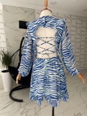 Zebra desen şifon elbise - Mavi
