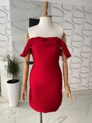 Modern drape saten abiye - Kırmızı