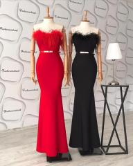 Tüy detay balık model elbise - Kırmızı