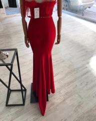 Tüy detay balık model elbise - Kırmızı