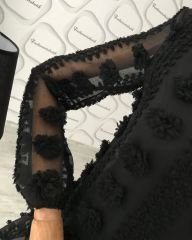 Volanlı çiçek detay elbise - Siyah