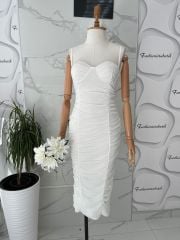 Gloplu drape elbise - Beyaz