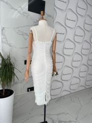 Gloplu drape elbise - Beyaz