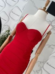 Gloplu drape elbise - Kırmızı