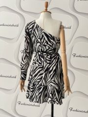 Tek kol zebra desen elbise