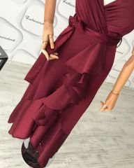 Saten volanlı elbisemiz BORDO