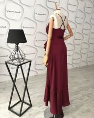 Saten volanlı elbisemiz BORDO