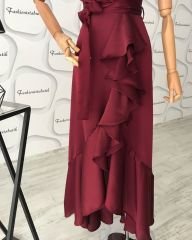 Saten volanlı elbisemiz BORDO
