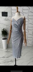 Drape detay straplez elbise - Füme Gümüş