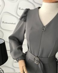 Fermuar detaylı volanlı elbise - FÜME
