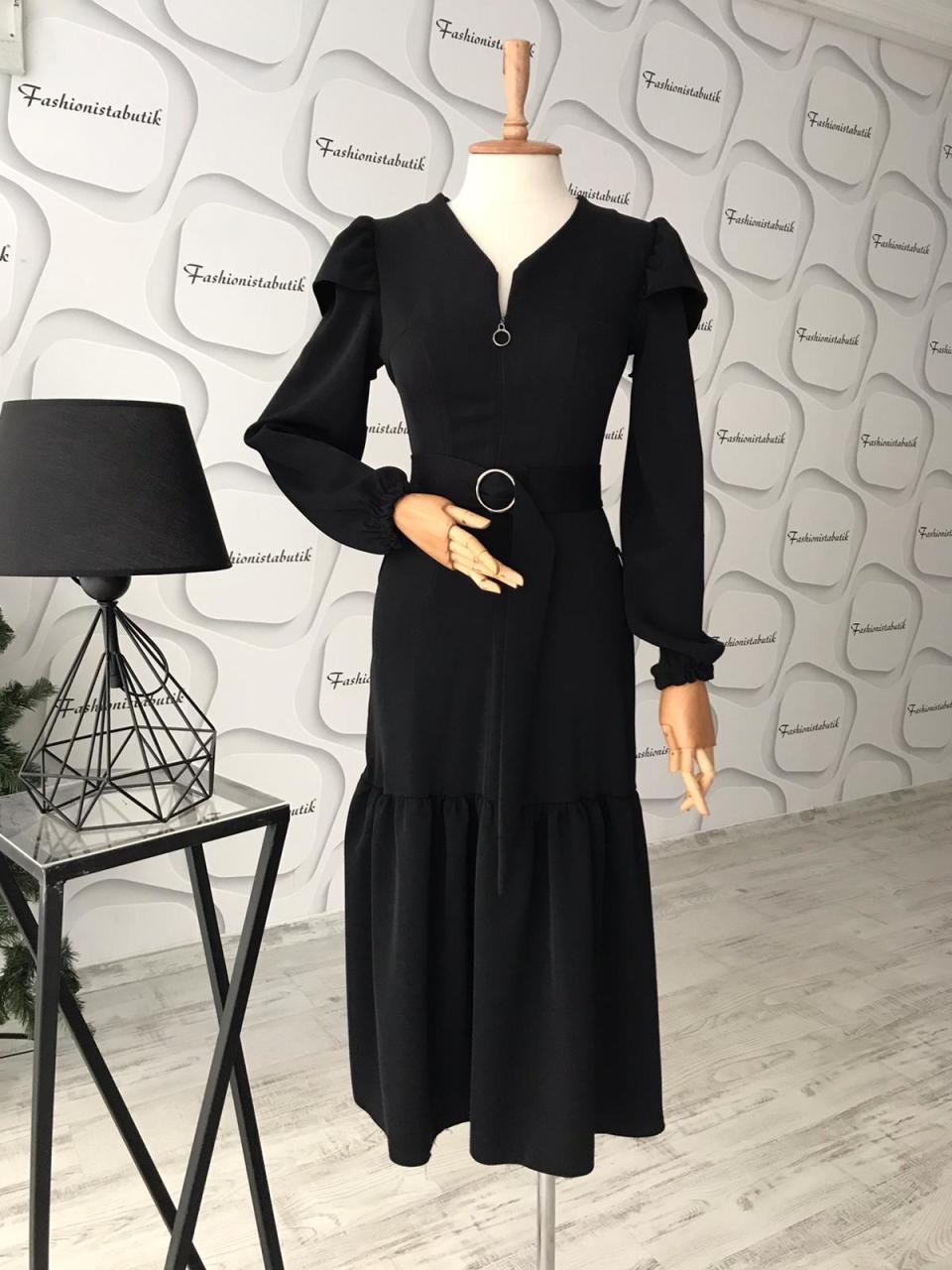 Fermuar detaylı volanlı elbise - SIYAH