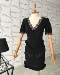 Dantel detay mini tasarım elbise - Siyah