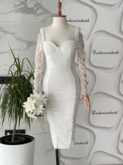 Gloplu midi drape - Beyaz