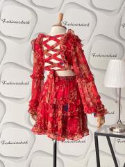 Floral fırfırlı İthal şifon elbise Kırmızı