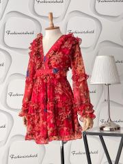 Floral fırfırlı İthal şifon elbise Kırmızı
