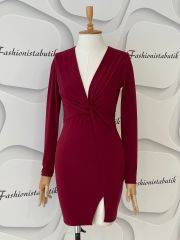 Büzgü mini elbise - Bordo