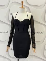 Gloplu drape elbise - Siyah
