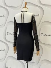 Gloplu drape elbise - Siyah