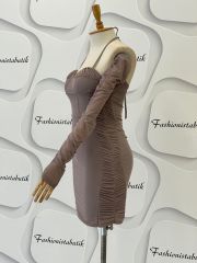 Gloplu drape elbise - Vizon