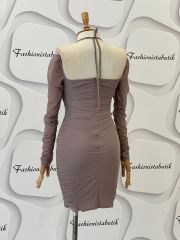Gloplu drape elbise - Vizon