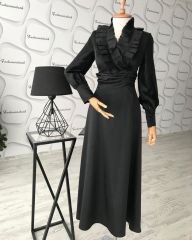 Saten kumaş organze tül detay özel tasarım maxi boy elbise - Siyah