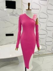 Tüy detay triko elbise - Pembe