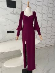 Kalp yaka maxi elbise - Mürdüm