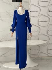 Kalp yaka maxi elbise - Saks