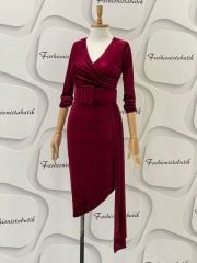 Modern kemer midi kadife elbise - Bordo