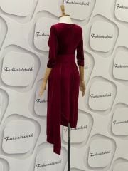 Modern kemer midi kadife elbise - Bordo