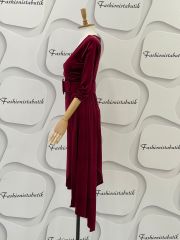 Modern kemer midi kadife elbise - Bordo