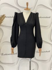 Düğme detay mini elbise - Siyah