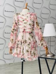 Floral fırfırlı İthal şifon elbise Pudra